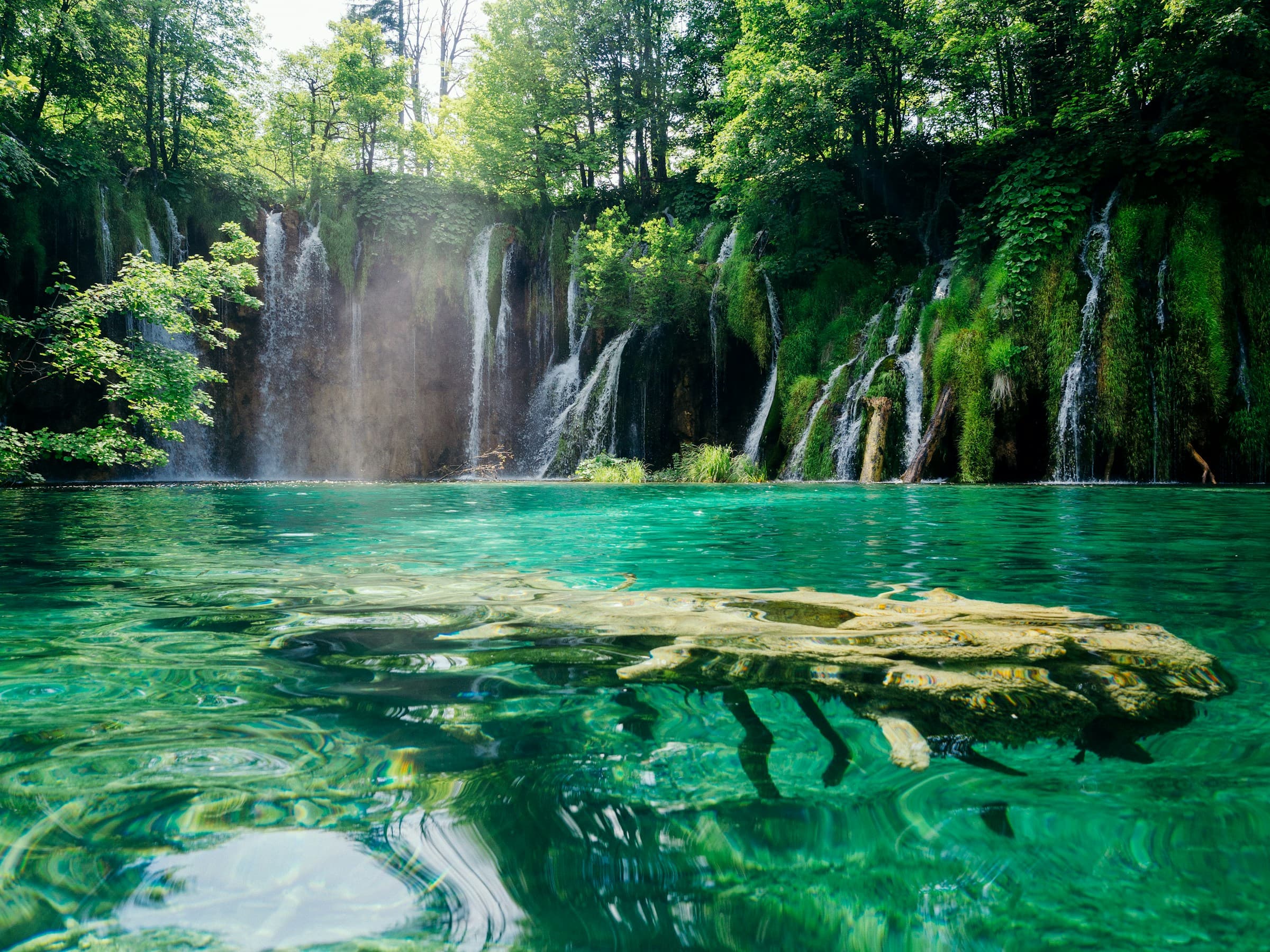 Plitvice Lakes National Park cascading waterfalls and wooden walkways