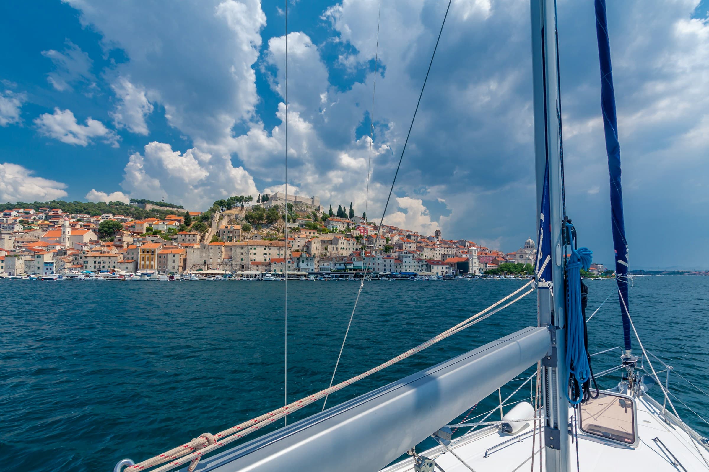 Šibenik old town aerial view with cathedral and fortresses